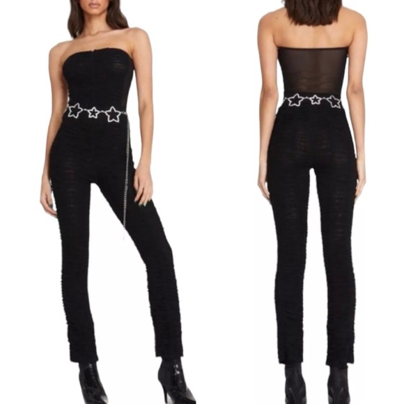 I.AM.GIA Ophelia Black Mesh Ruched Strapless Zip Front Jumpsuit size S J3 - Picture 3 of 8